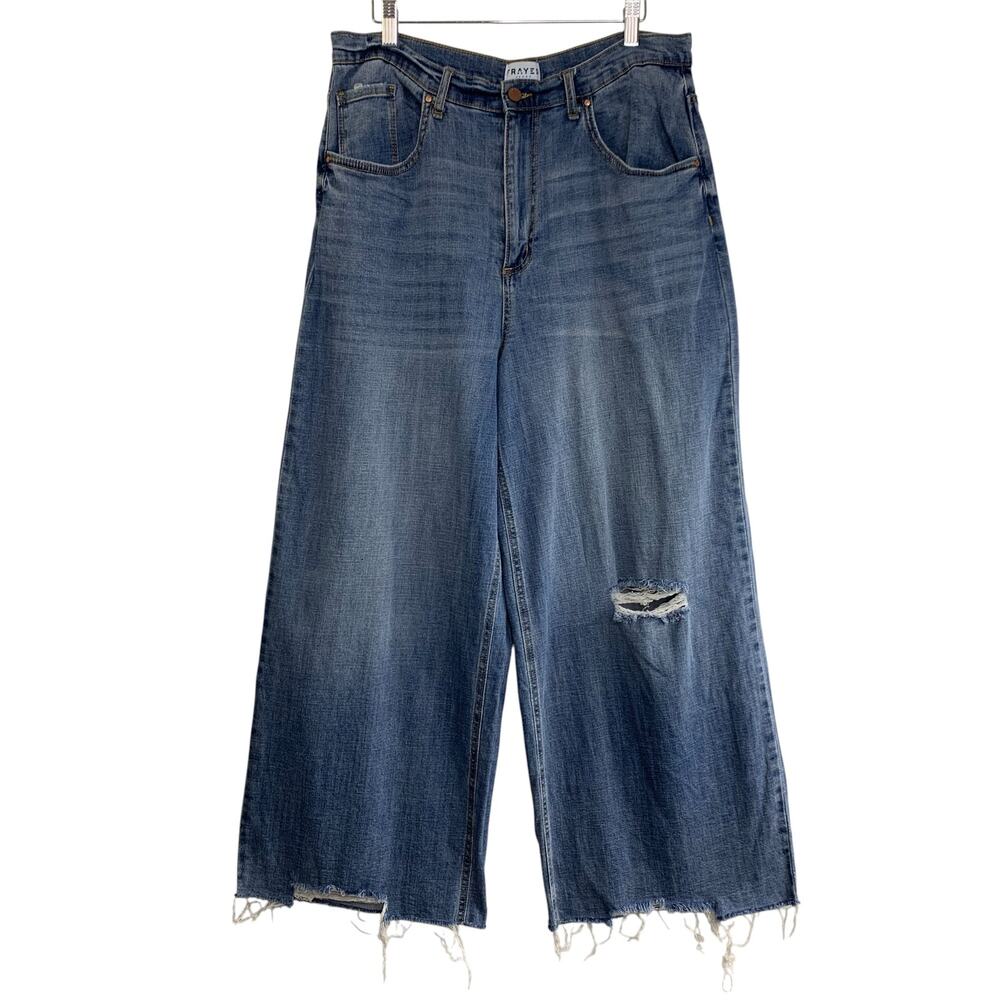 Frayed Jeans Size 32 High Rise Skater Crop Blue Frayed Hem Hole Stretch Wide Leg
